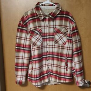 Sage Collective Plaid Shacket Large Fleece Lined Button Up Jacket Red Brown